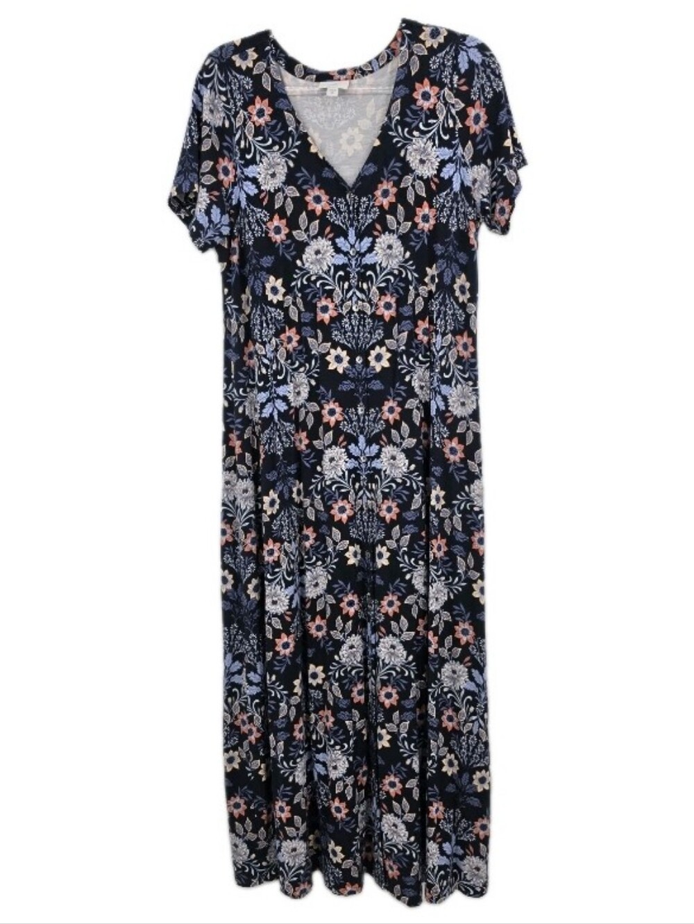 J. Jill Navy Blue Floral Button Down Knit Maxi Dress Medium Tall V Neck A Line